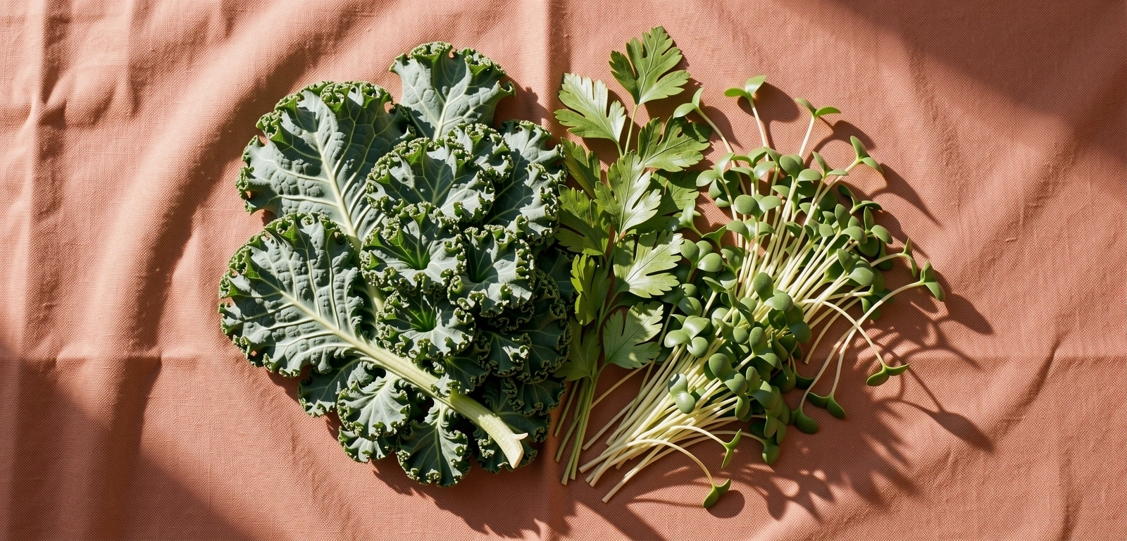 Свежи зеленолистни зеленчуци и билки, символизиращи естественото хранене