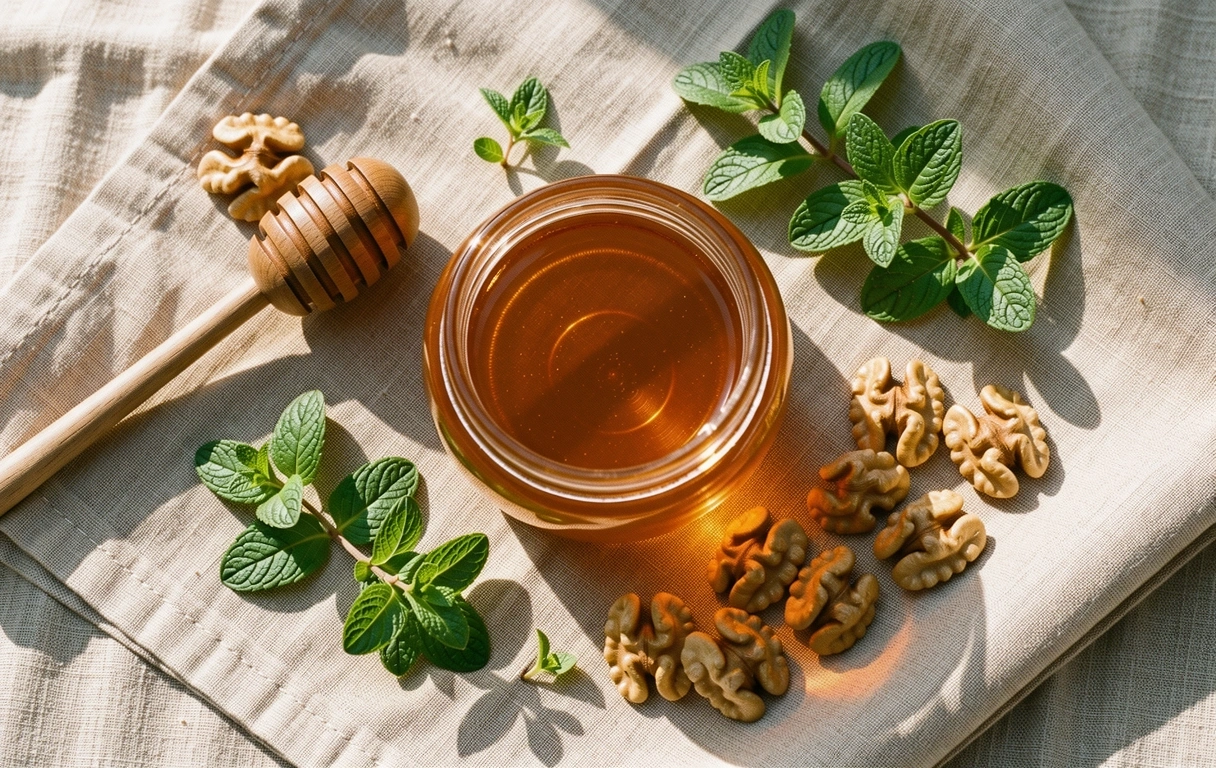 Пресни сезонни продукти и билки на ленена покривка